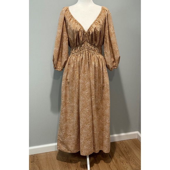 Madewell Dresses & Skirts - Madewell Vneck Balloon Sleeve Smocked Waist Maxi Dress Dotted Brown White Size 6